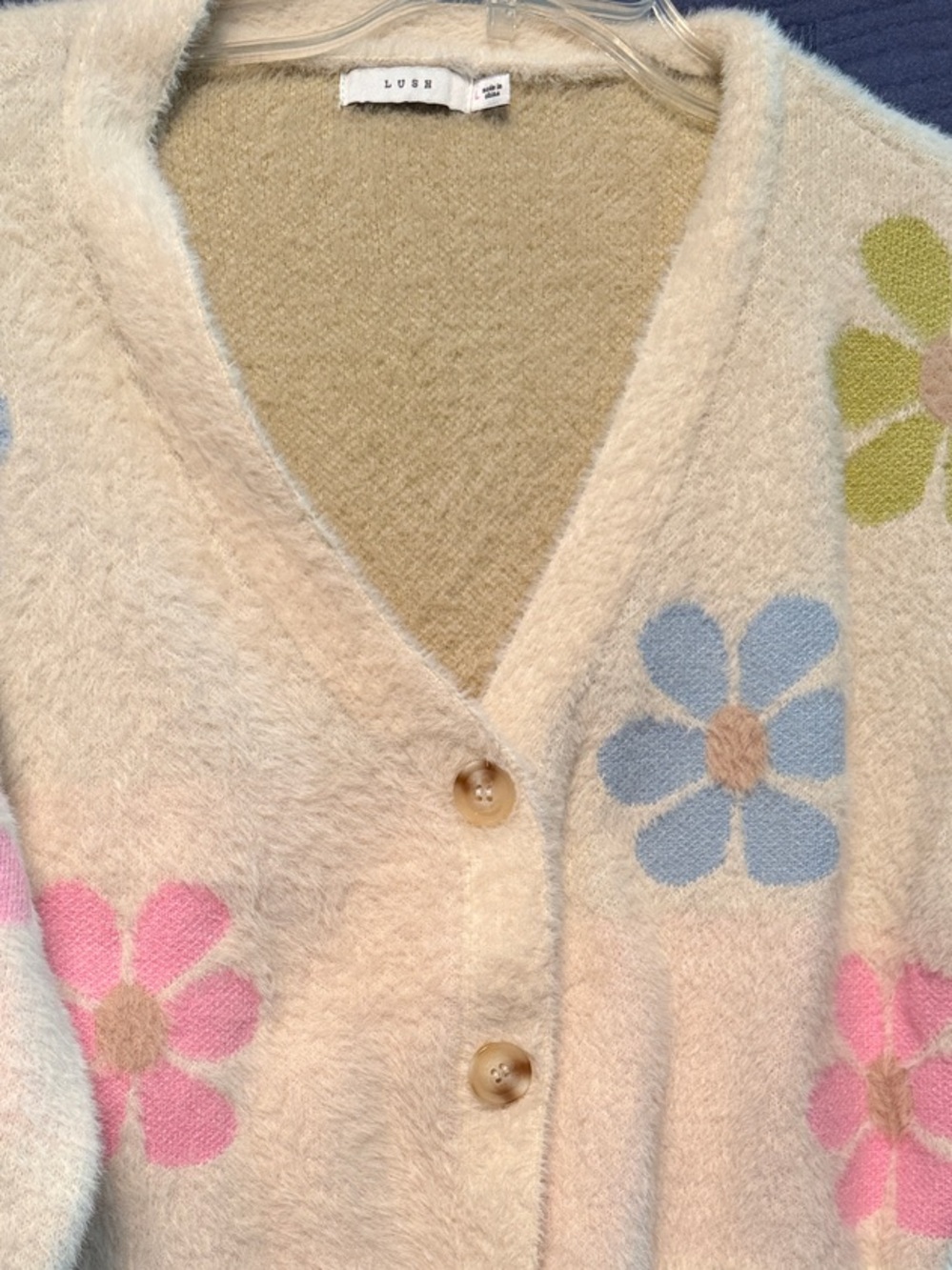 Lush Cream Fuzzy Cardigan with Pink, Blue & Green Floral Motif